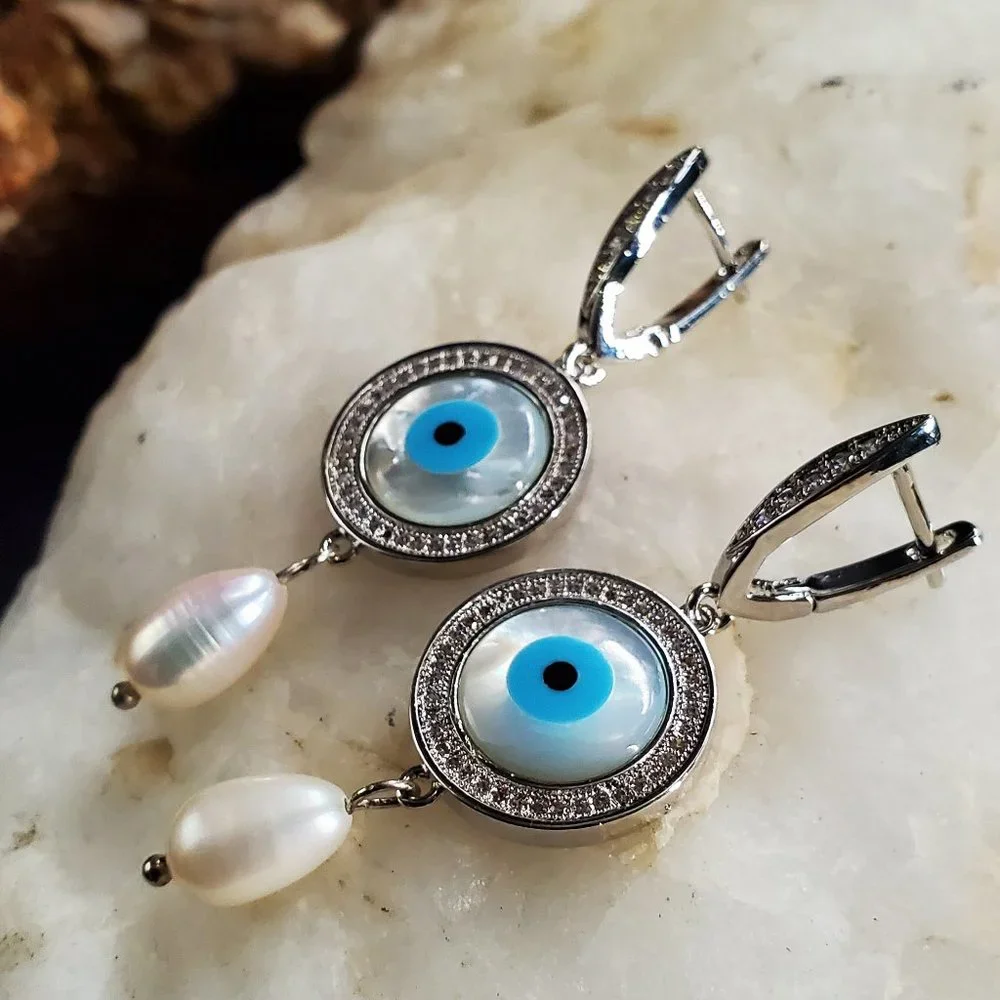 Rhodium Platinum plated Earrings Topaz Pave Pearl Evil Eye Mother Of Pearl